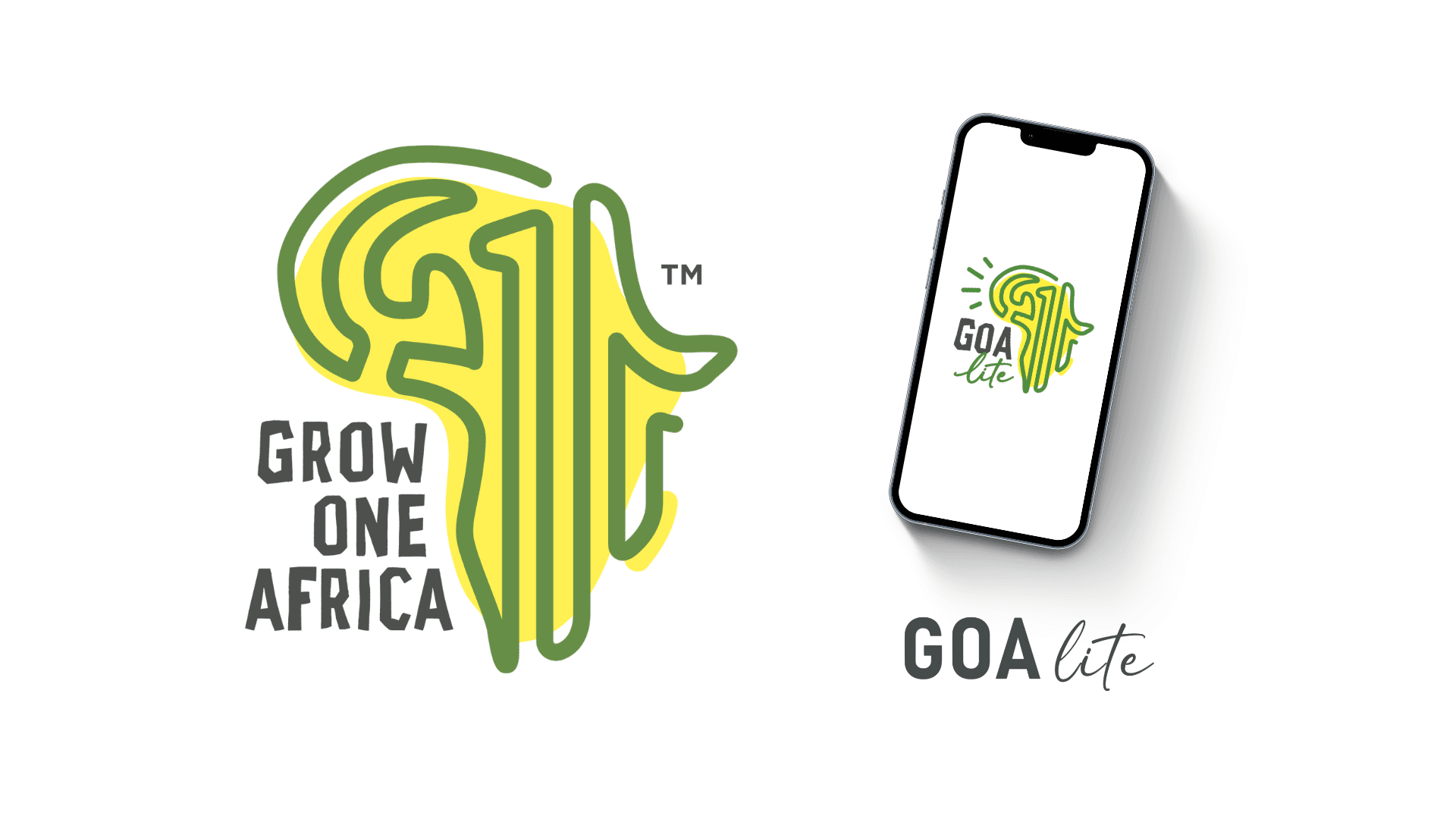 Grow One Africa logo in yellow and green, and GOA lite app displayed on smartphone screen